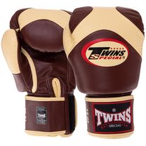 Перчатки боксерские кожаные на липучке TWINS (BGVL13, Темно-коричневый-ванильный)
