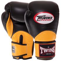Перчатки боксерские кожаные на липучке TWINS BGVL11 (BGVL11, Черный-желтый)