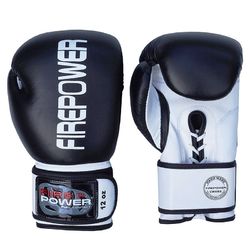 Боксерские перчатки FirePower на шнурках и липучке (FPBG10-BK, черно-белые)