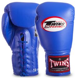 Боксерские перчатки Twins на шнурках нат. кожа (BGLL1-BU, Синий)