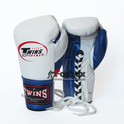 Боксерські рукавички Twins шкіряні на шнурівці (BO-0279-BL, біло-синій)