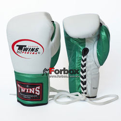 Боксерские перчатки Twins кожаные на шнуровке (BO-0279-M, бело-зеленый)