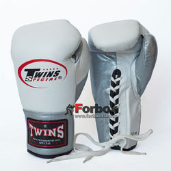 Боксерские перчатки Twins кожаные на шнуровке (BO-0279-S, бело-серый)