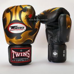 Боксерские перчатки Twins из натуральной кожи (FBGV-22G, черно-золотые)