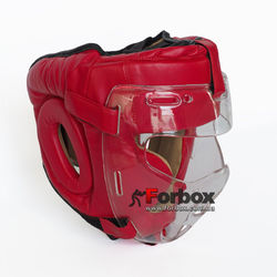 Шлем тренировочный с пластиковой маской Everlast PU кожа (MA-0719-R, красный)