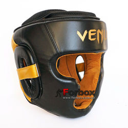 Шолом тренувальний Venum Elite шкіряний з повним захистом (VL-8312-BK, чорно-золотий)